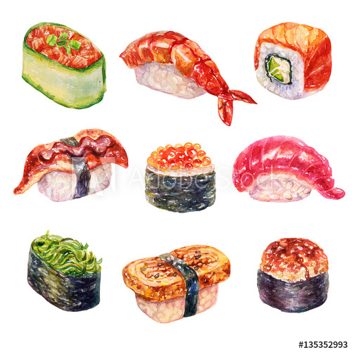500x500 Watercolor Sushi Set Of Beautiful Tasty Japanese Sushi