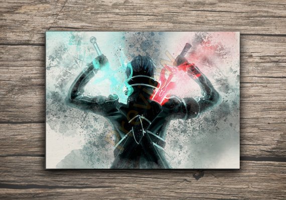 570x399 Sword Art Online Anime Kirito Berserker Poster Sao Watercolor Etsy