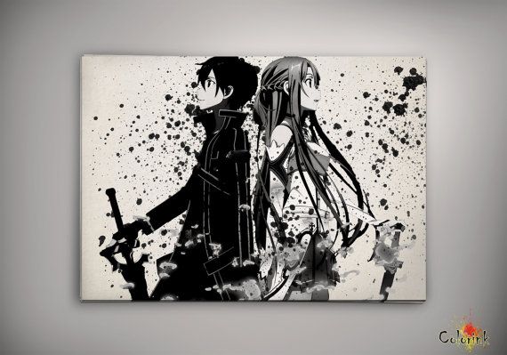 570x399 Sword Art Online Sao Kirito Asuna Watercolor Print Archival Print