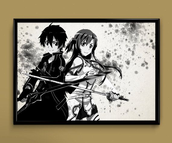 570x474 Sword Art Online Sao Kirito Asuna Watercolor Print By Colorink