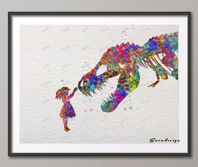 640x539 Original Watercolor Trex Dinosaur With Girl Poster Prints Pictures