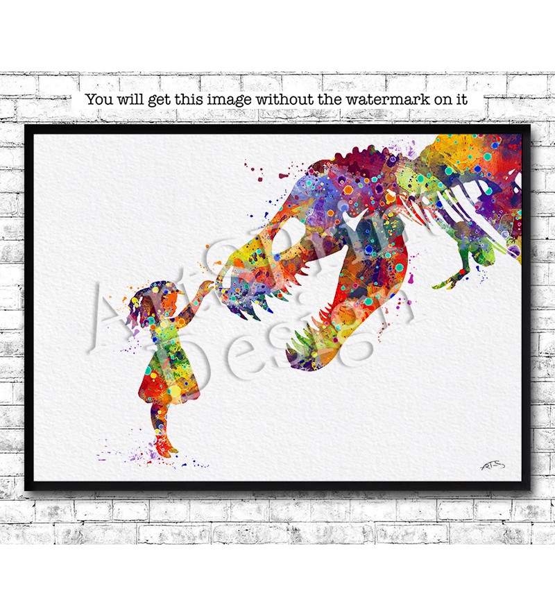 800x888 Girl And T Rex Dinosaur Watercolor Print