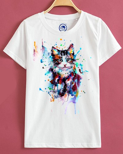 400x500 Watercolor Cat T Shirt For Girls White Short Sleeves Tee Cheap