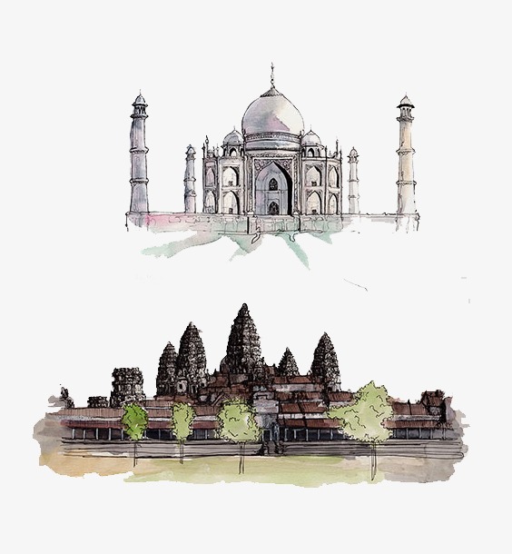 564x610 Angkor Wat,(Cambodia) Taj Mahal,(India), Tourism, Watercolor