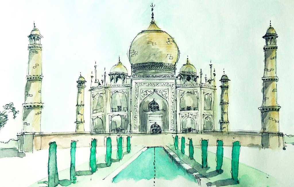 1024x650 Taj Mahal Pen And Ink Watercolor Wash Lowlova