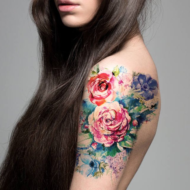 642x642 Supperb Large Temporary Tattoos Watercolor Painting Bouquet Etsy