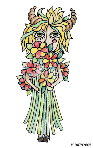 317x500 Watercolor Pensil Illustration Of Zodiac Sign. Taurus Girl With