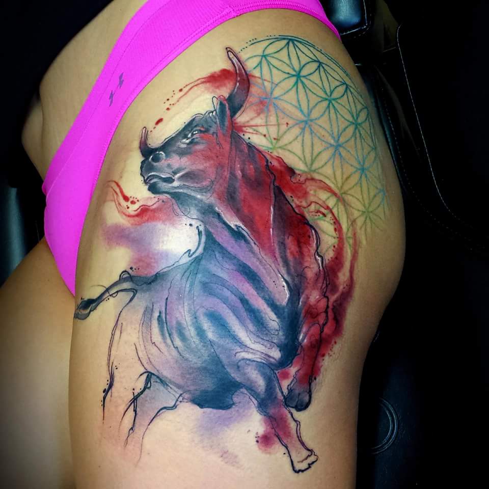 960x960 Watercolor Taurus Bull Tattoo On Side Thigh