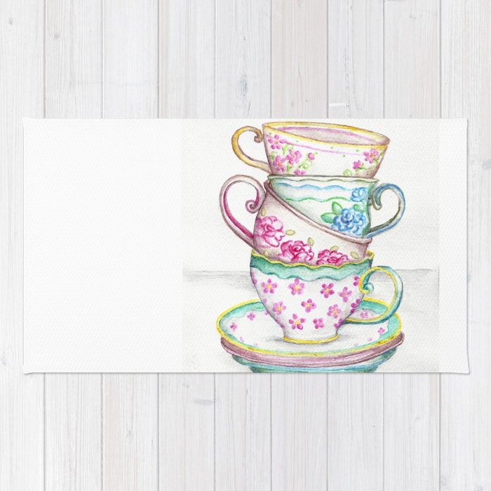 700x700 Tea Cup Art Kitchen Watercolor Painting Drawing Rug By