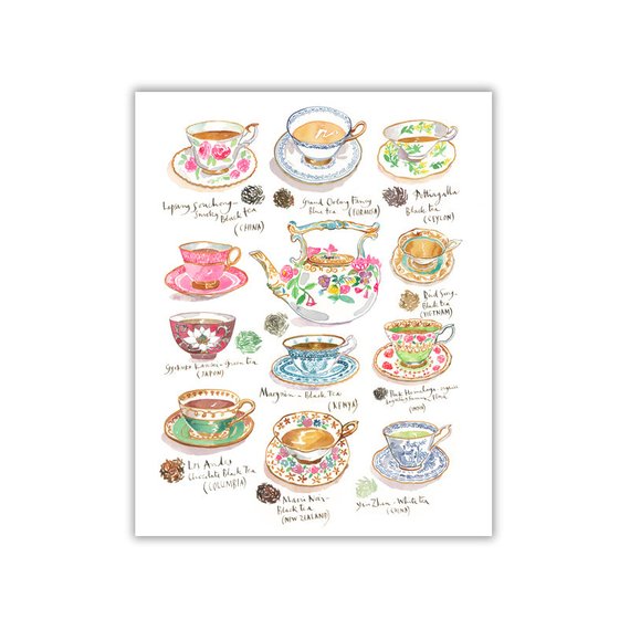 570x570 Watercolor Tea Poster Colorful Kitchen Decor Teas Of The Etsy