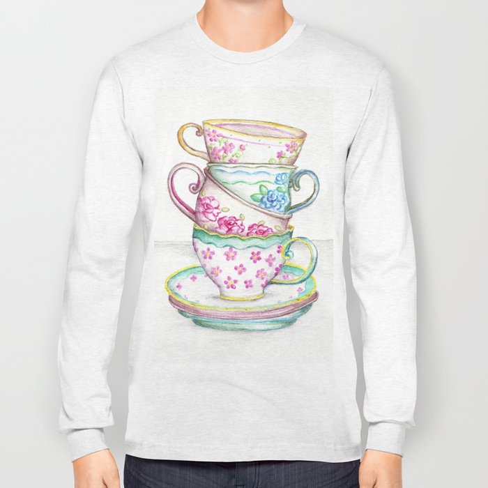 700x700 Tea Cup Art Kitchen Watercolor Painting Drawing Long Sleeve T