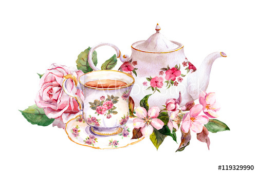 500x337 Teacup, Tea Pot With Flowers. Vintage Card. Watercolor