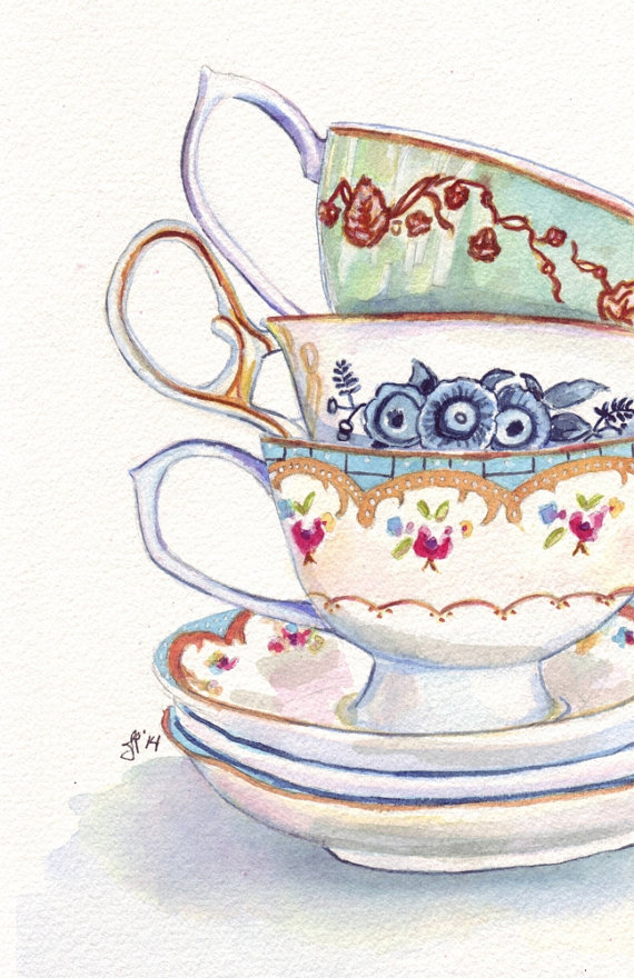 570x880 Teacups Still Life Watercolor Painting