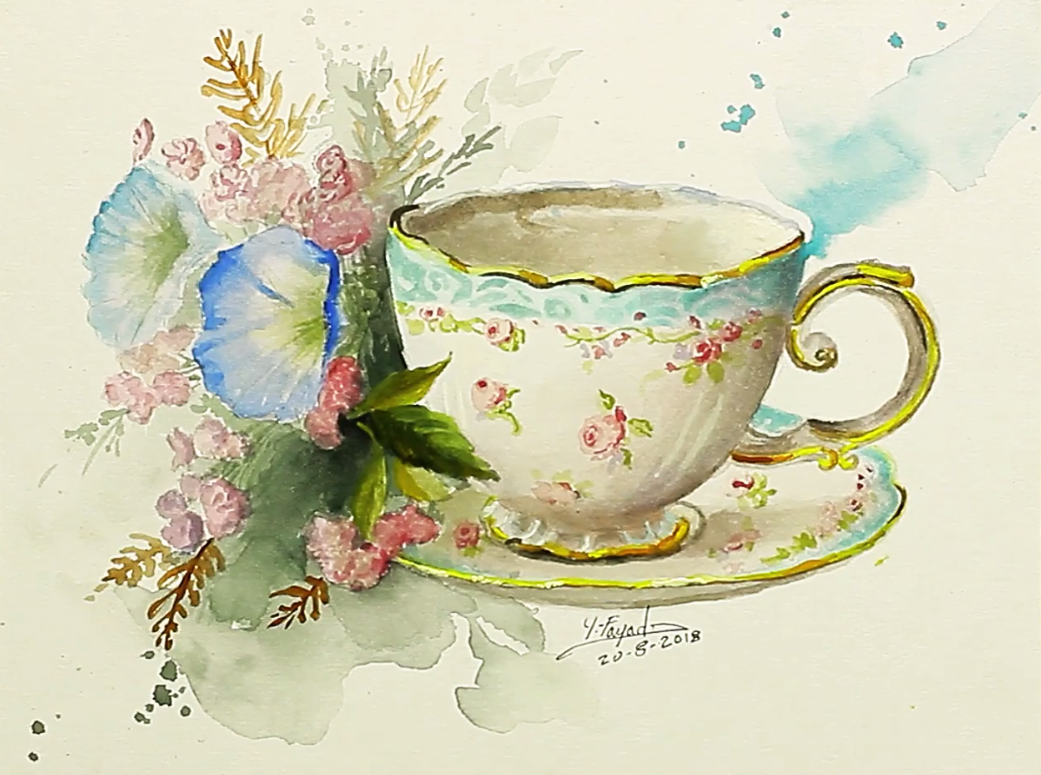 1041x775 Watercolor Painting Tea Cup With Flowers By Yasser Fayad Https