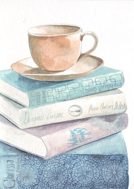 570x805 Original Watercolor Painting Teacup On Books Great Reads Art