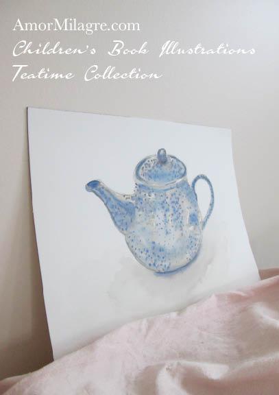 407x576 Blue Spotted Teapot Watercolor Painting Amor Milagre Amor Milagre