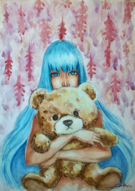 453x640 Adi Djafar Artwork Woman With Teddy Bear Original Watercolor