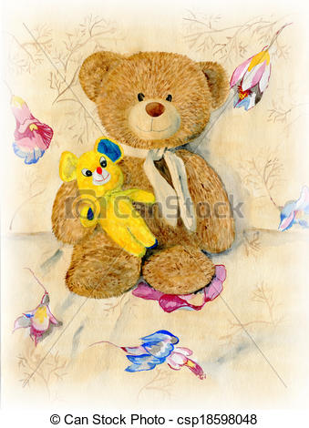 339x470 Two Cute Teddy Bear. Watercolor Still Life. Teddy Bears In The Chair.