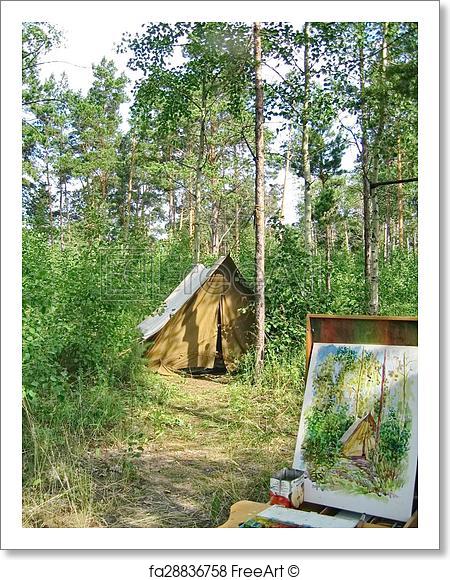 450x580 Free Art Print Of Drawing From Nature Tent. Watercolor Painting