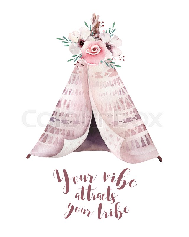 640x800 Hand Drawn Watercolor Tribal Teepee, Isolated White Campsite Tent