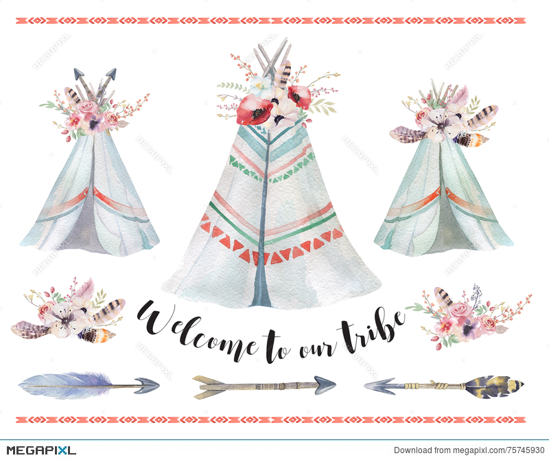 800x670 Handdrawn Watercolor Tribal Teepee, Isolated Boho Tent