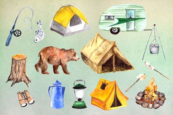 580x387 Watercolor Camping Clip Art Set