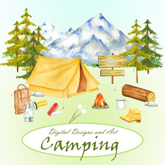 570x570 Watercolor Camping Item Clipart Forest And Mountains Clipart Etsy