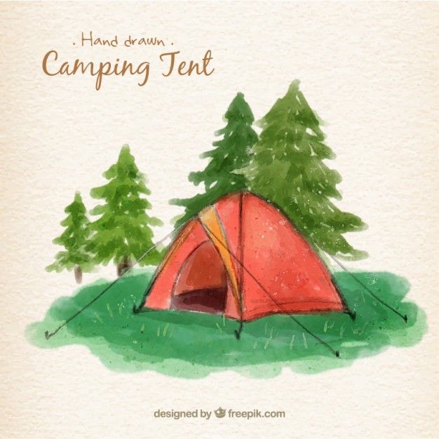 626x626 Watercolor Red Camping Tent In A Landscape Free Vector Painting
