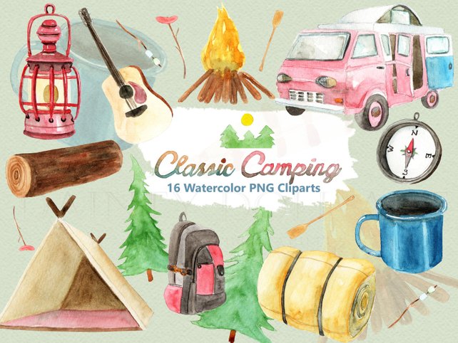642x482 Camping Clipart Watercolor Digital Download Travel Outdoors Etsy