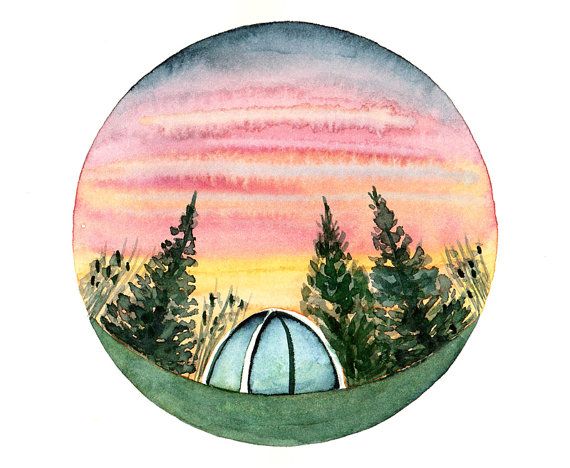 570x468 Camping Tent Original Watercolor Painting Colorful Spring Decor