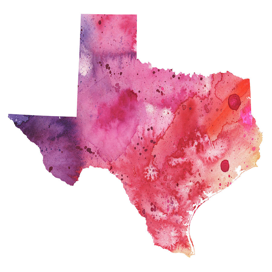 900x900 Watercolor Map Of Texas, In Orange, Red And Purple Painting By