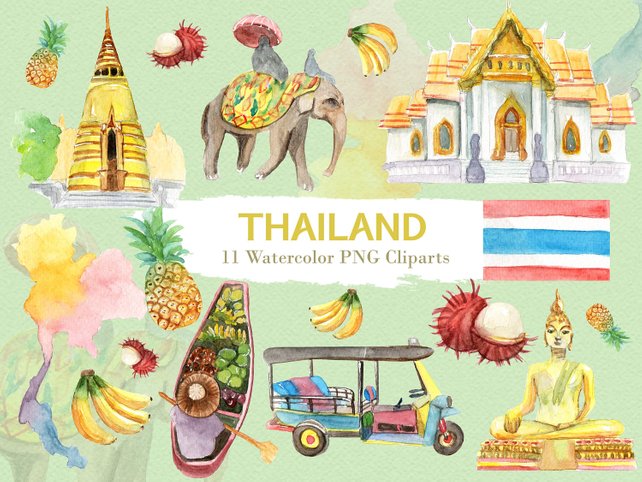 642x482 Thailand Clipart Watercolor Digital Download Travel Southeast Etsy