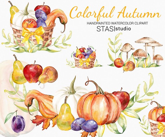 570x475 Thanksgiving Watercolor Clipart Fall Clip Art Autumn Pumpkin Etsy