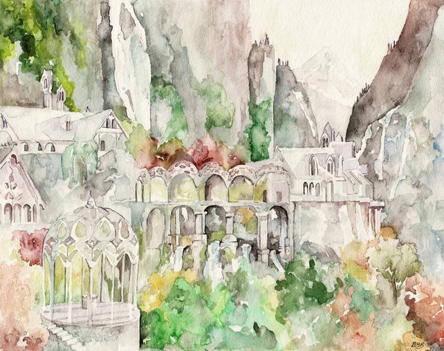 642x507 Rivendell Painting Print From Original Watercolor Painting Etsy