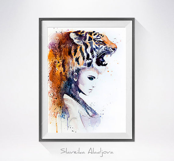 570x525 Tiger Girl Watercolor Painting Print