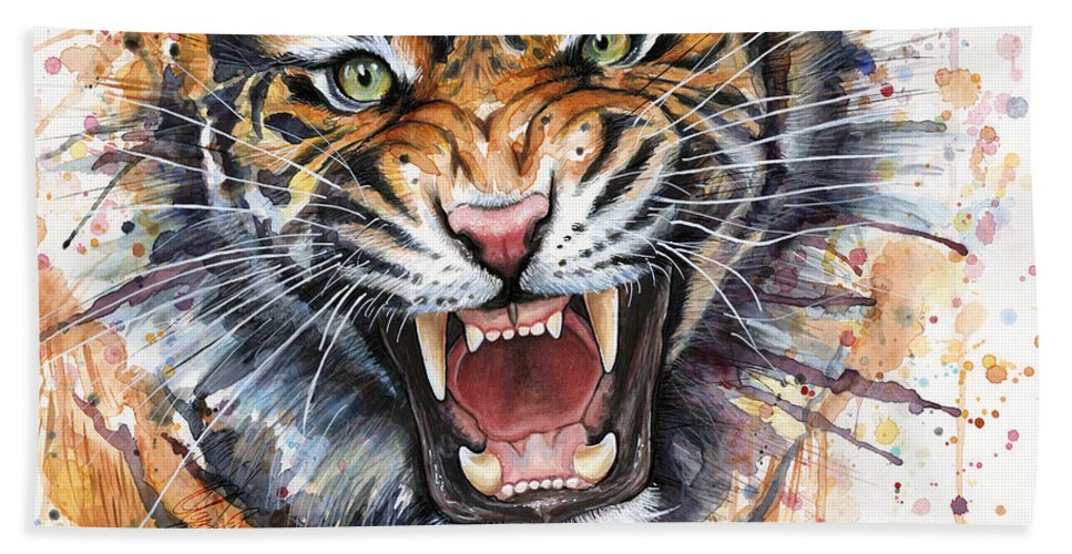 967x500 Tiger Watercolor Portrait Bath Towel For Sale By Olga Shvartsur