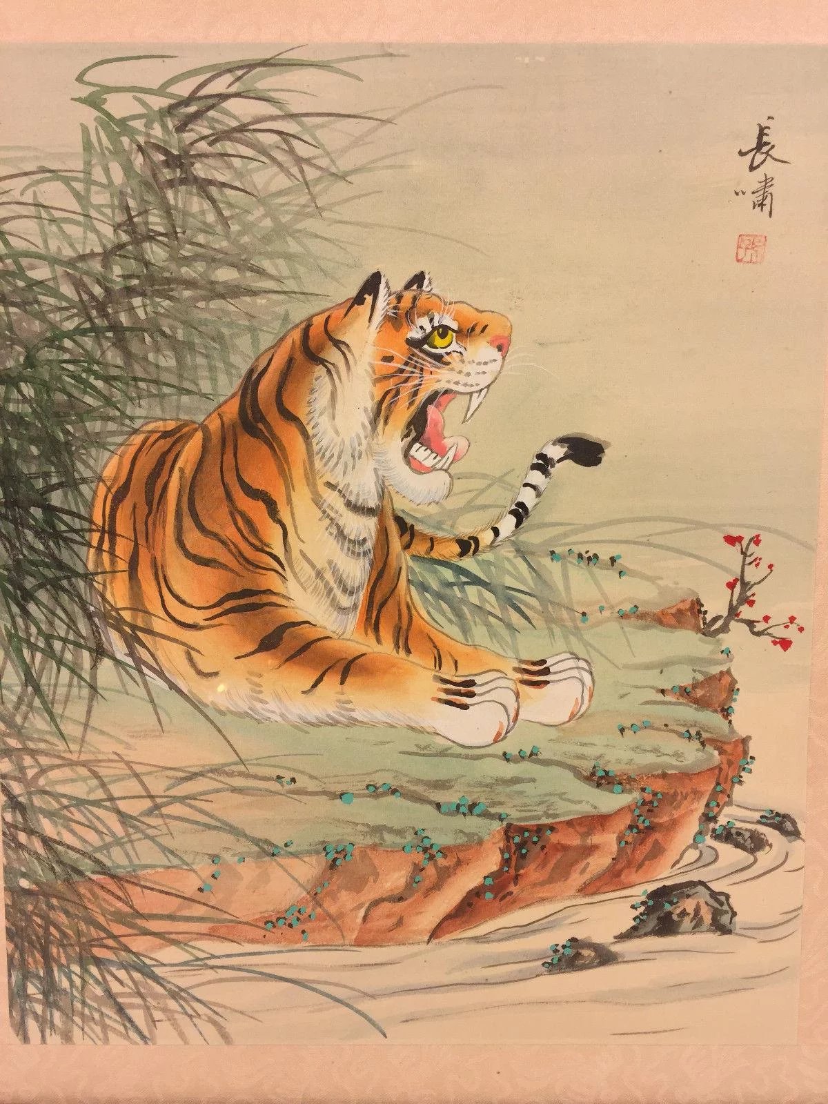 1200x1600 Vintage 3 Chinese Tiger Watercolor Paintings On Silk Framed And