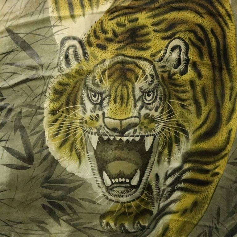 768x768 Antique Chinese Scroll Painting Of Stalking Tiger, Watercolor