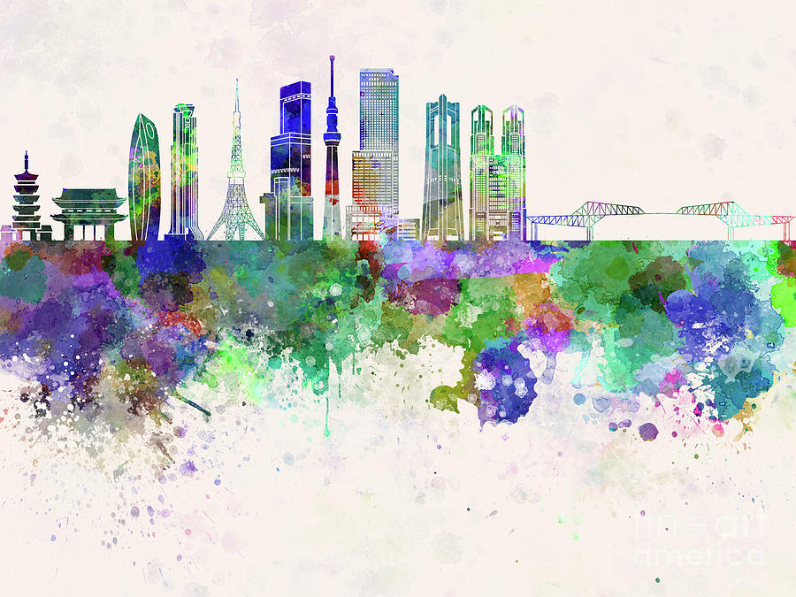 900x675 Tokyo V3 Skyline In Watercolor Background Painting By Pablo Romero