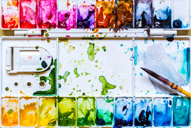 626x421 Top View Of Paintbrushes Palette And Watercolor Paints With White