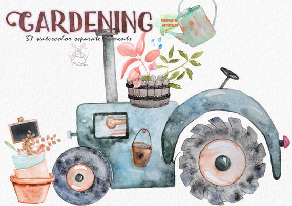 570x403 Gardening Watercolor Clipart Tractor Watercolor Windmill Etsy