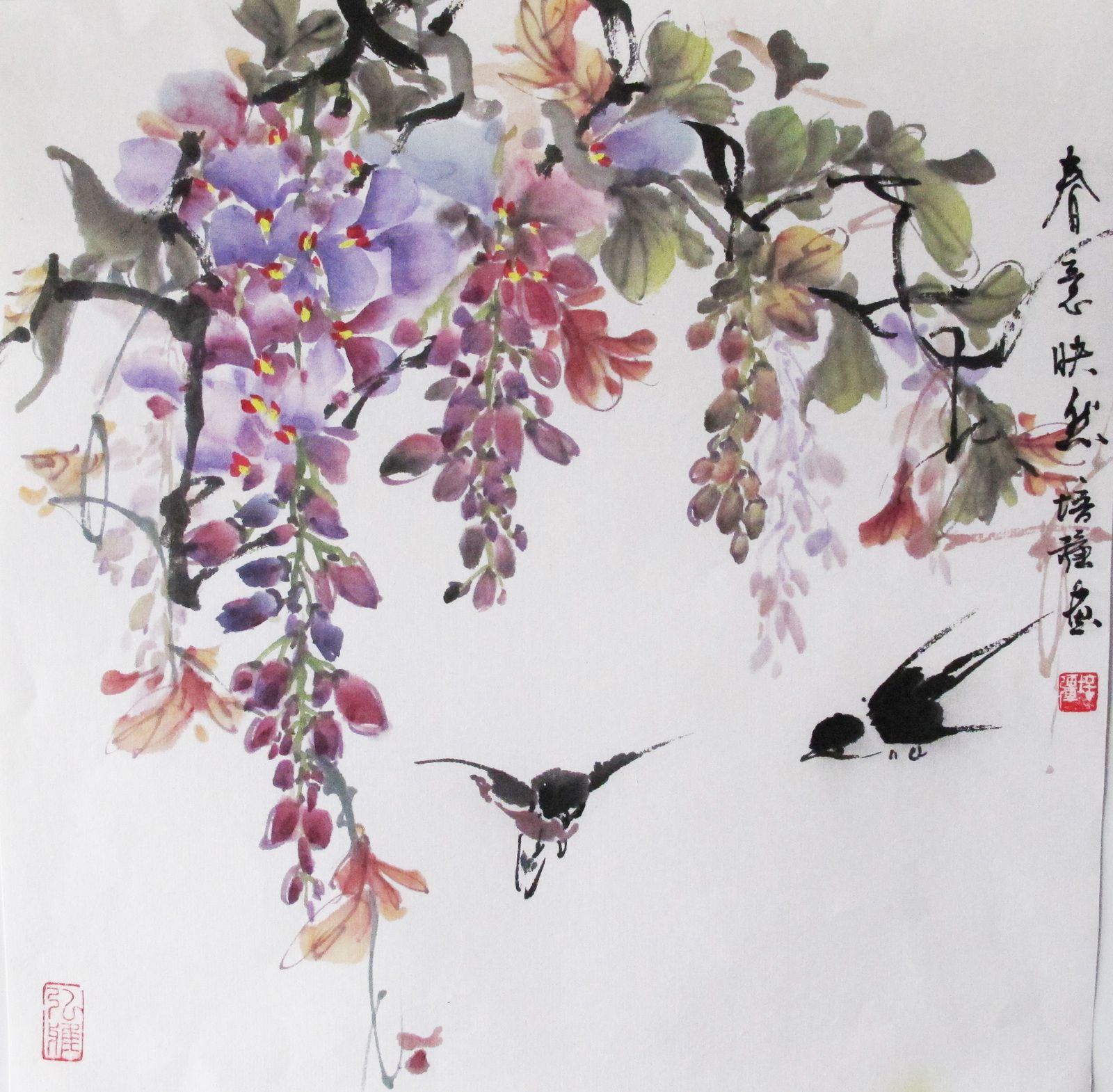 1600x1570 Flower Blossom Wisteria Traditional Watercolor Painting On Rice