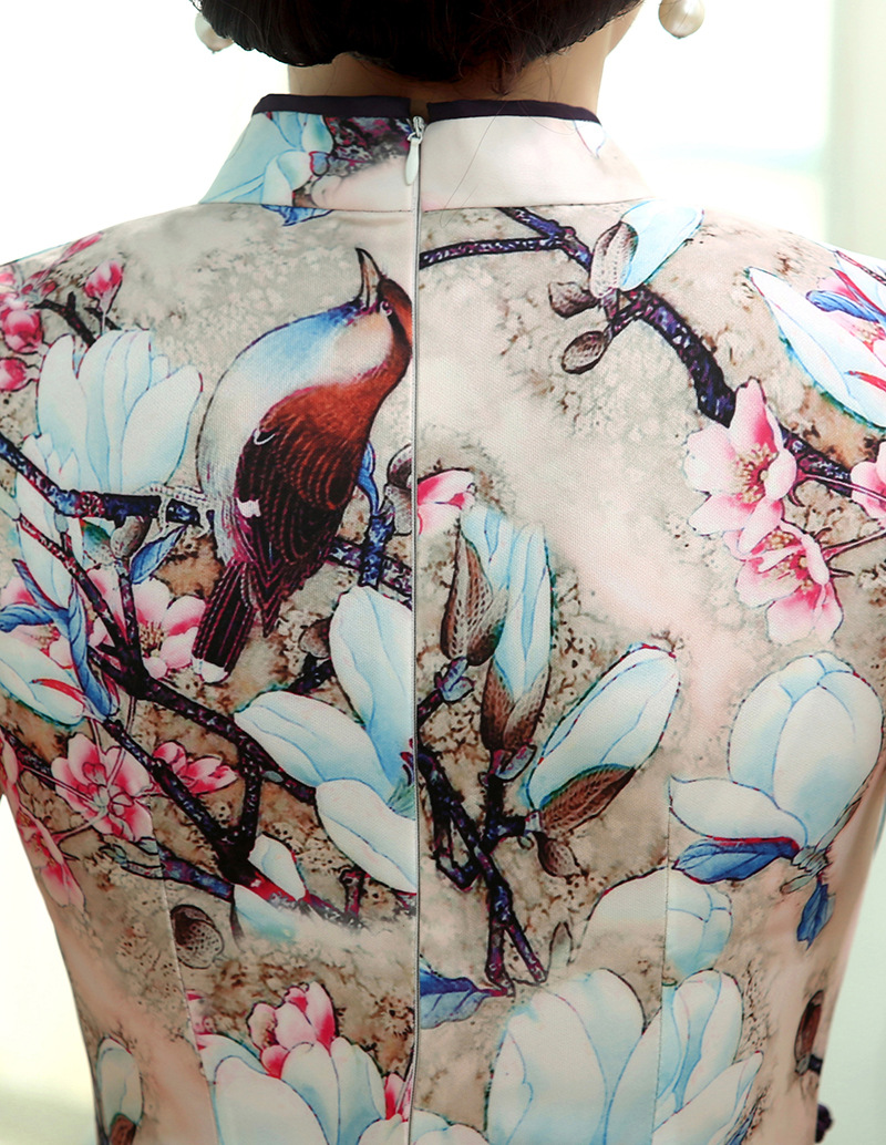 800x1034 Magnolia Floral Chinese Watercolor Painting Cheongsam Dress