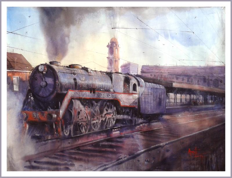 800x615 Steam Engine By Artist Amit Kapoor Cityscape Art Watercolor
