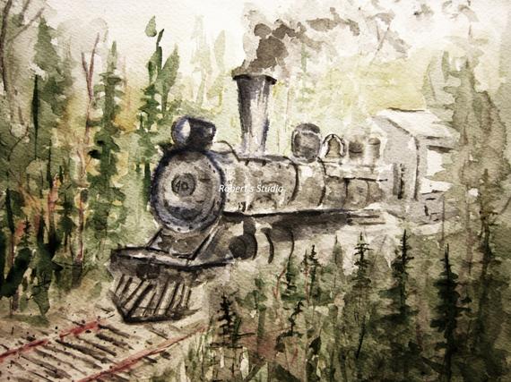 570x427 Train In The Woods Print Of Original Watercolor Painting Etsy