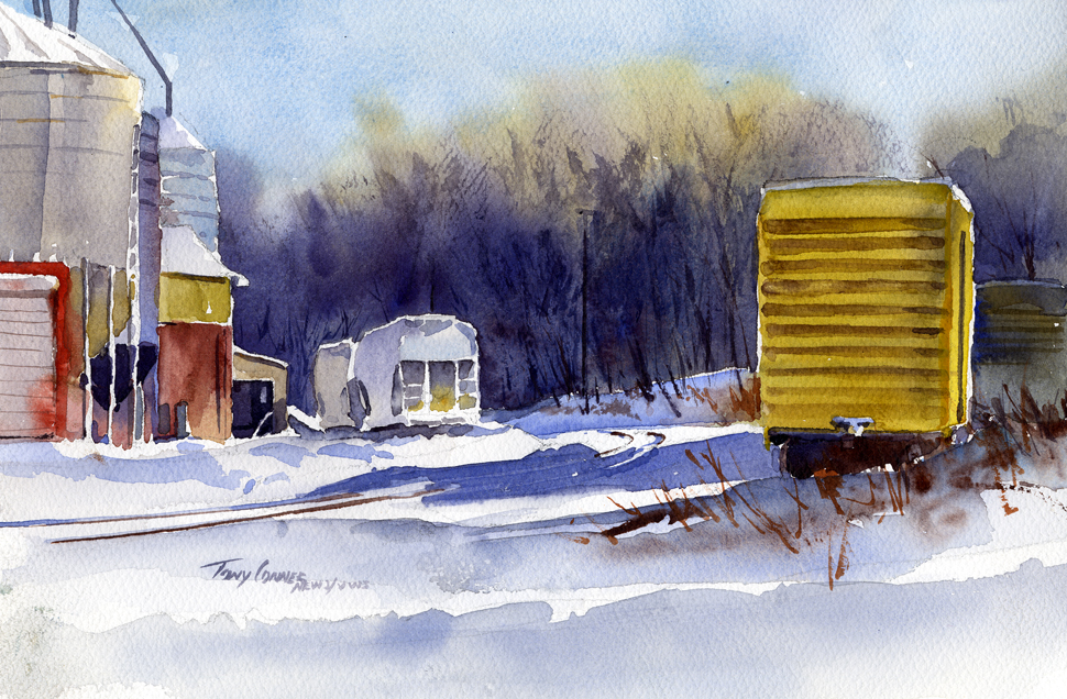 970x636 Train Yard At Whitmans Watercolor Plein Air Landscape Painting