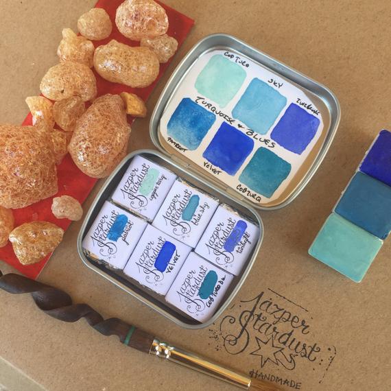 570x570 Turquoise Amp Blues Palette Builder Travel Watercolor Set Of 6 Etsy