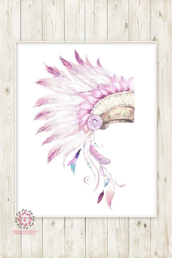683x1024 Indian Headress Boho Purple Feather Nursery Wall Art Print Tribal