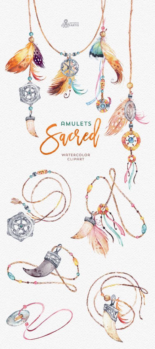 500x1123 Sacred Amulets. Tribal Watercolor Clipart. Fang, Tooth, Beads, Diy
