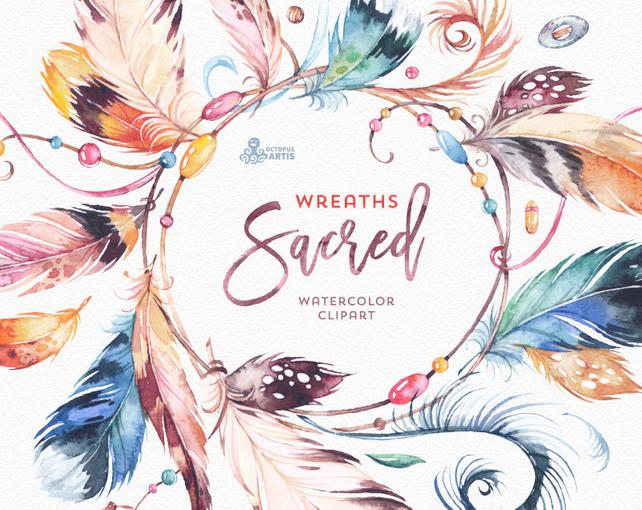 642x510 Sacred Wreaths. Watercolor Clipart. Native Tribal Feathers Etsy